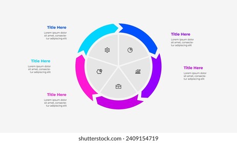 Gráfico circular dividido en 5 partes. Plantilla infográfica de flechas de ciclo