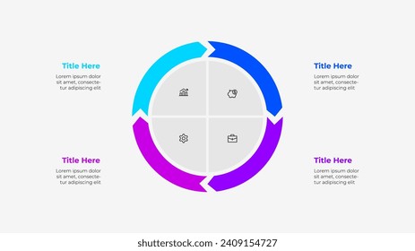 Gráfico circular dividido en 4 partes. Plantilla infográfica de flechas de ciclo