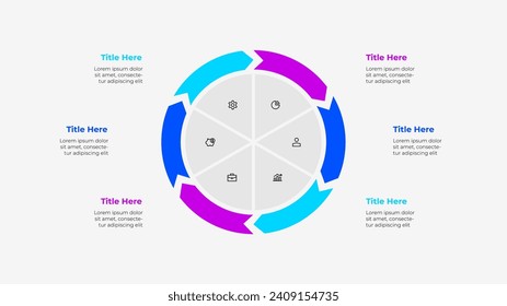 Pie chart diagram divided into 6 parts. Cycle arrows infographic template
