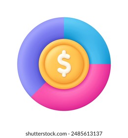 Pie chart diagram and dollar coin in the middle. Finance and business analysis, budget and investment concept. 3d vector icon. Cartoon minimal style.