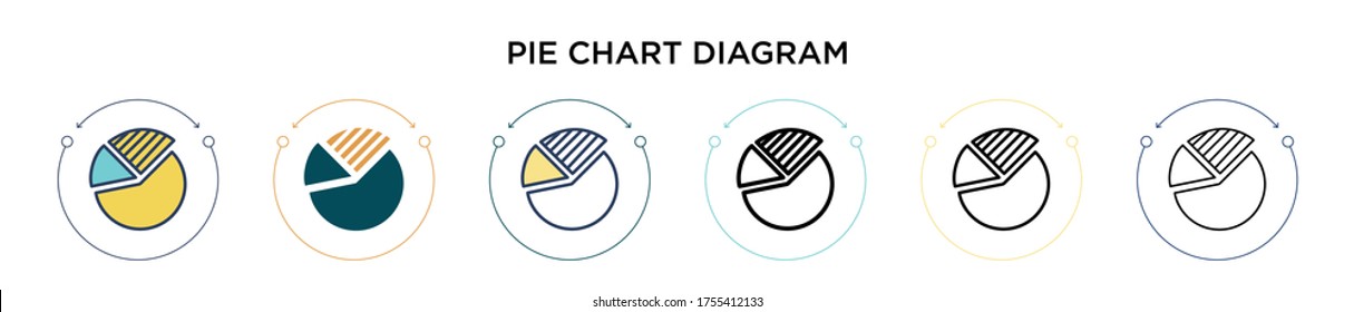 Icono de diagrama de gráfico circular en estilo relleno, delgado, de contorno y trazo. Ilustración vectorial de dos gráficos circulares de color y negro se pueden utilizar para móviles, ui, web