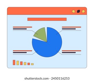 Gráfico circular en el objeto de dibujos animados lineal 2D de Sitio web. Herramienta de análisis de datos de negocios línea aislada elemento de Vector de fondo blanco. Ilustración plana del color del software de la computadora de contabilidad