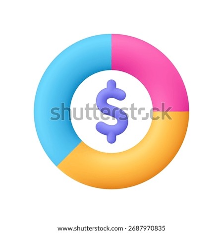 Pie chart diagram with a purple dollar sign in the center. Finance and business analysis, budget and investment concept. 3d vector icon. Cartoon minimal style.