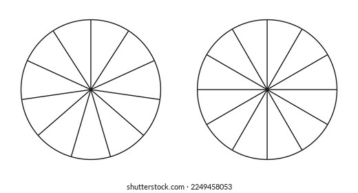 Pie chart, diagram set, eleven and twelve sections or steps. Circle icons for infographic, presentation, web design, user interface. Simple business chart.