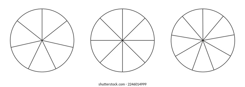 Pie chart, diagram set, seven, eight and nine sections or steps. Circle icons for infographic, presentation, web design, user interface. Simple business chart.
