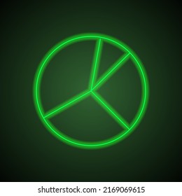 Pie chart, diagram simple icon vector. Flat design. Green neon on black background with green light.ai