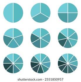 Diagramas do gráfico de pizza em cores azuis. Elemento rotativo com 2-10 passos. Conjunto de interface de círculo. Segmento círculo vetor redondo 2-10 dividir infográfico. Ilustração vetorial.