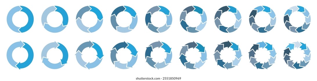 Diagramas do gráfico de pizza em cores azuis. Elemento rotativo com 2-10 passos. Conjunto de interface de círculo. Segmento círculo vetor redondo 2-10 dividir infográfico. Ilustração vetorial.