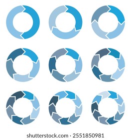 Pie chart diagrams in blue colors. Rotating element with 2-10 steps. Set of circle interface. Segment circle round vector 2-10 divide infographic. Arrow combinations. Recycle icon vector illustration.