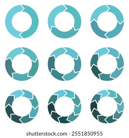 Pie chart diagrams in colors. Rotating element with 2-10 steps. Set of circle interface. Segment circle round vector 2-10 divide infographic. Vector illustration.