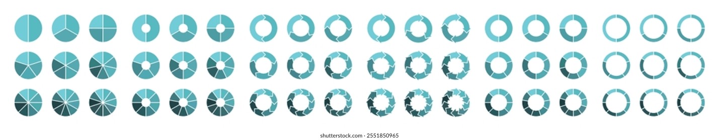 Ícones de diagramas de gráfico de pizza em conjunto isolado de cores azuis. Elemento rotativo com 2-10 passos. Conjunto de interface de círculo. Segmento círculo vetor redondo 2-10 dividir infográfico. Ilustração vetorial.