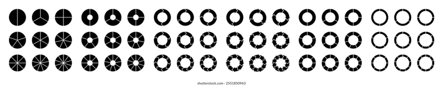 Pie chart diagrams isolated set in black color. Rotating element with 2-10 steps. Set of circle interface. Segment circle round vector 2-10 divide infographic. Vector illustration.