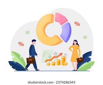 Pie chart of different business elements vector illustration. Business people presenting diversified portfolio with products, services and investments. Finance, business approach concept