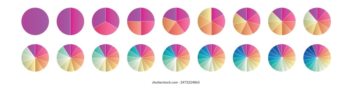 Pie chart with different segments in a circular diagram. wheel graph divided into parts and sections. Flat vector illustration isolated on white background.