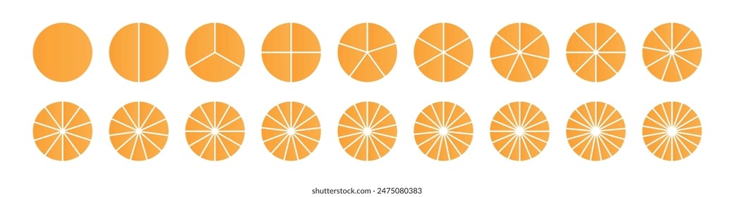 Gráfico circular con diferentes segmentos en un diagrama circular. Gráfico de ruedas dividido en partes y secciones. Ilustración vectorial plana aislada sobre fondo blanco.