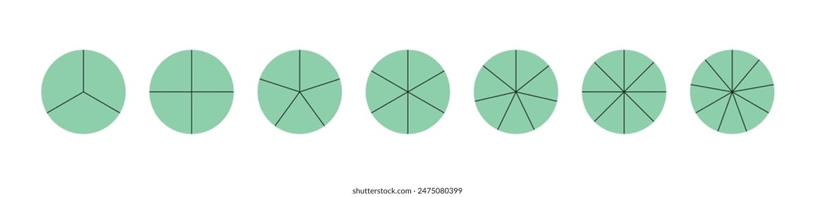 Pie chart with different segments in a circular diagram. wheel graph divided into parts and sections. Flat vector illustration isolated on white background.