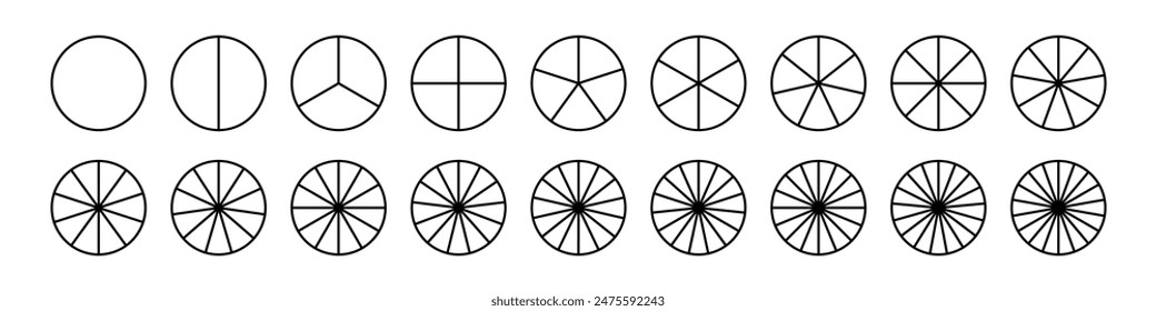 Pie chart with different segments in a circular diagram. wheel graph divided into parts and sections. Flat vector illustration isolated on white background.