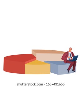 pie chart of different volume and color together with a businessman who sits on it and works on a computer in the internet, isolated object on a white background,