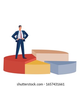 gráfico circular de diferente volumen y color, junto con un hombre de negocios que se pone de pie sobre él y mira a la distancia, objeto aislado sobre un fondo blanco,