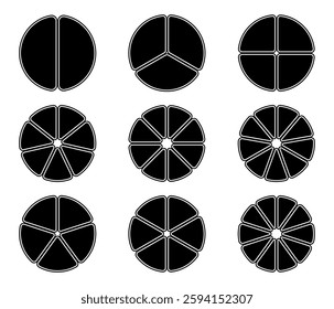 Pie chart divided 2,3,4,5,6,7, 8,9 equal parts. Circle diagram collection Colorful Pie chart. web design, banner with sections or parts. 