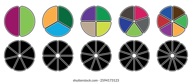 Pie chart divided 2,to20  equal parts. Set of Pie Chart Parts , Diagrama Statistic Wheels, Collection of colorful diagrams, Vector illustration isolated on white background.