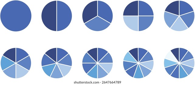 Pie chart divided 4,5,6 equal parts. Pie chart infographic set. Color pizza or donut round diagram. Pie chart set, segmented circle icons, circle diagram with sections or parts - vector. 
