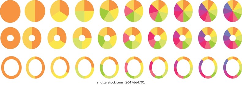 Pie chart divided 4,5,6 equal parts. Pie chart infographic set. Color pizza or donut round diagram. Pie chart set, segmented circle icons, circle diagram with sections or parts - vector. 