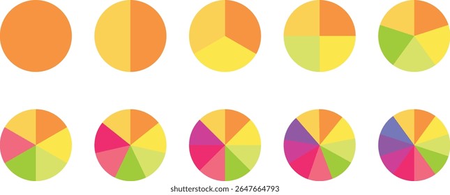 Pie chart divided 4,5,6 equal parts. Pie chart infographic set. Color pizza or donut round diagram. Pie chart set, segmented circle icons, circle diagram with sections or parts - vector. 