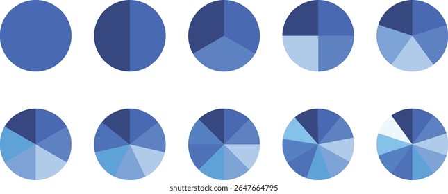 Pie chart divided 4,5,6 equal parts. Pie chart infographic set. Color pizza or donut round diagram. Pie chart set, segmented circle icons, circle diagram with sections or parts - vector. 