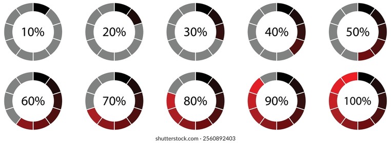 Pie chart divided 4,5,6,7,8 equal parts. Set of black and red gradient infographic pie charts, segment of circle icons 0% - 100%. simple flat design loading data interface elements app button. vector