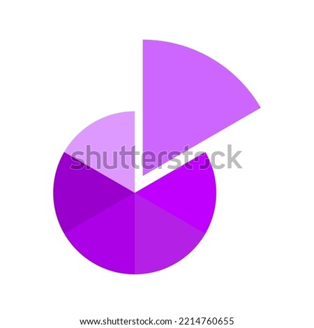 Pie chart divided in 6 monochrome purple sections. Round diagram cut in six equal parts with one separated fragment. Infographic wheel icon isolated on white background. Vector flat illustration