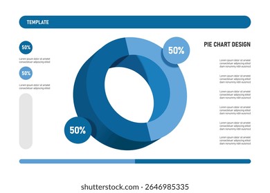 Gráfico de pizza, dividido em 2 cores: 100%, dividido em 2 partes: 50% e 50% para o investimento infográfico design, participação de lucros de organizações ou empresas, vetor para o design de modelo gráfico de informações