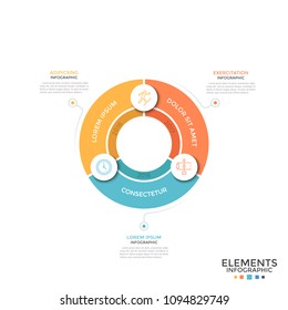 Gráfico circular dividido en 3 sectores de color iguales con símbolos lineales e indicación del año. Concepto del ciclo de desarrollo anual. Plantilla de diseño gráfico simple. Ilustración vectorial del informe.