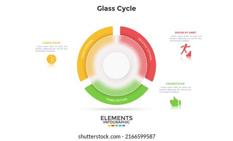 Pie chart divided into 3 sectors behind round glass translucent element. Concept of three stages of transparent production cycle. Simple infographic design template. Modern flat vector illustration.