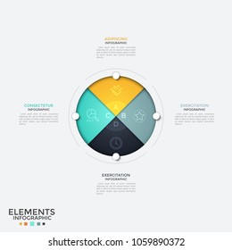 Pie chart divided into 4 colorful sectors with letters and thin line symbols inside, text boxes. Concept of four equal parts of business process. Infographic design template. Vector illustration.
