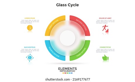 Pie chart divided into 4 sectors behind round glass translucent element. Concept of four stages of transparent production cycle. Simple infographic design template. Modern flat vector illustration.