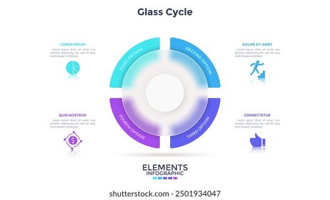 Pie chart divided into 4 sectors behind round glass translucent element. Concept of tfour stages of transparent production cycle. Simple infographic design template. Modern flat vector illustration.