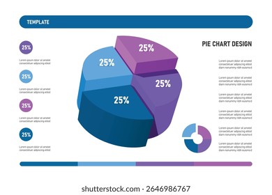 Gráfico de Pizza, dividido em 4 cores: 100%, dividido em 4 partes: 25%. para design infográfico de investimento, participação de lucros de organizações ou empresa, vetor 3d isolado para design de modelo