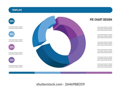 Gráfico de Pizza, dividido em 4 cores: 100%, dividido em 4 partes: 25%. para design infográfico de investimento, participação de lucros de organizações ou empresa, vetor 3d isolado para design de modelo