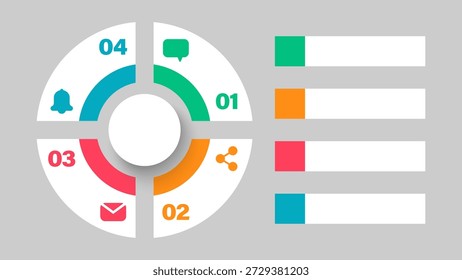 Gráfico circular dividido en 4 partes iguales aisladas sobre un fondo gris. Diseño para visualizar datos, gráficos o gráficos.