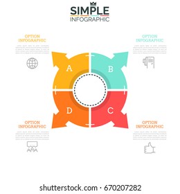 Pie chart divided into 4 sectors with arrows pointing at icons and text boxes. Web interface element, concept of navigation tool with four options. Infographic design layout. Vector illustration.