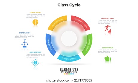 Gráfico circular dividido en 5 sectores detrás del elemento transluciente de vidrio redondo. Concepto de cinco etapas de ciclo de producción transparente. Plantilla sencilla de diseño infográfico. Ilustración vectorial plana moderna.