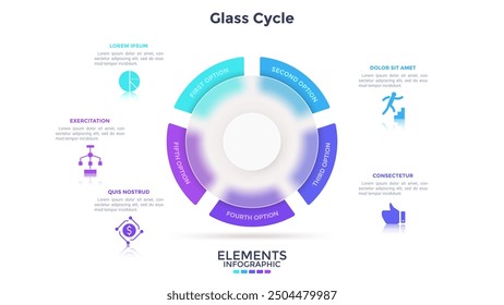 Pie chart divided into 5 sectors behind round glass translucent element. Concept of five stages of transparent production cycle. Simple infographic design template. Modern flat vector illustration.