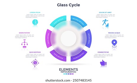 Pie chart divided into 6 sectors behind round glass translucent element. Concept of six stages of transparent production cycle. Simple infographic design template. Modern flat vector illustration.