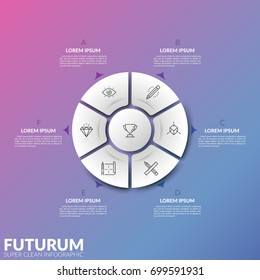 Pie chart divided into 6 parts and round element in center with thin line symbols and arrows pointing at text boxes. Concept of remote control button. Infographic design layout. Vector illustration.