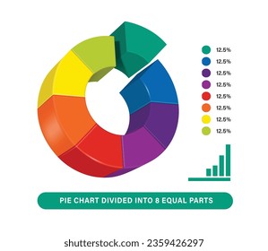 Gráfico circular dividido en 8 proporciones iguales. Porcentaje de número. 100 dividido por 8 es igual al 12,5%, Vector 3D aislado en fondo blanco para el diseño de informes de beneficios empresariales, infografía para el diseño