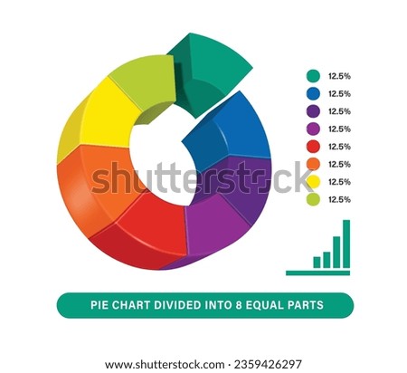 Pie chart divided into 8 equal ratios. Number percentage. 100 divided by 8 equals 12.5%, Vector 3D isolated on white background for business profit report design, info graphic for design