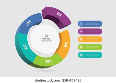 Pie chart is divided into five colors. 100% is divided into 5 equal parts, 20% each, for designing infographics about investments, profit sharing of organizations or companies, vector 3d isolated