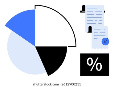 A pie chart divided into four sections in blue, black and white accompanied by a financial document with checkmark and a percentage symbol. Ideal for finance, data analytics, business reports