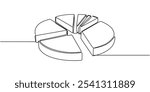 Pie chart or chart divided into several segments illustrated in a continuous one line drawing. Concept of work and office. Minimalist hand-drawn design.